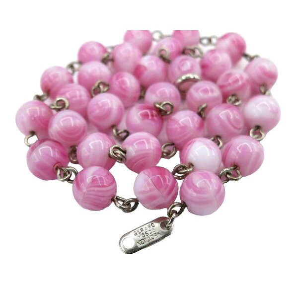Gerard Yosca Pink White Marbled Glass Bead Necklace Strand 16.5
